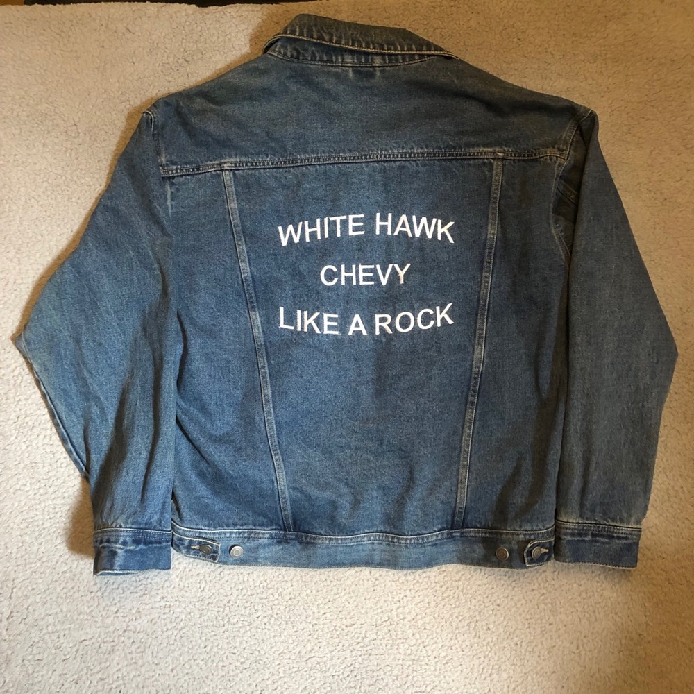 Vtg 90s Chevy Like A Rock Denim Jacket White Hawk Trucker Blue Jean Large Cotton